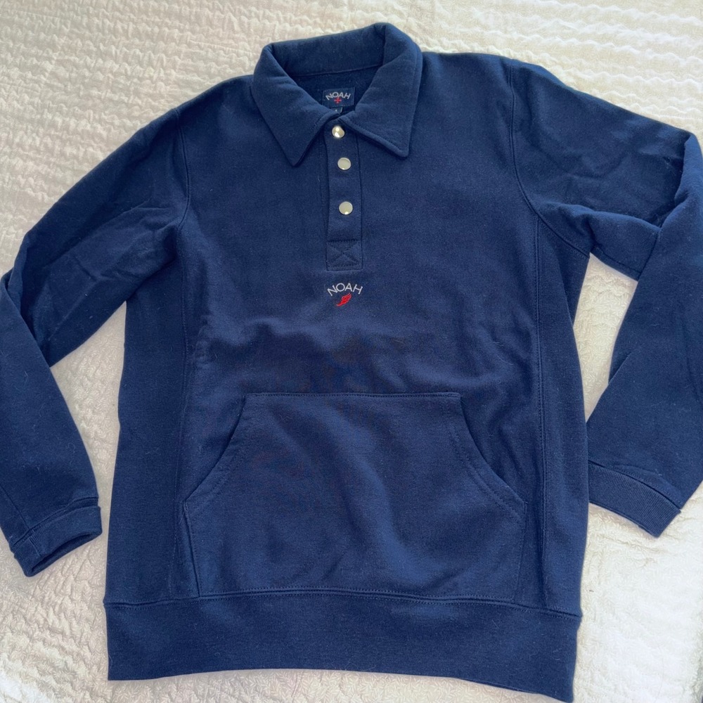 Noah NY Navy Blue Fleece Polo Sweatshirt Snap Placket Winged Foot Logo Mens S